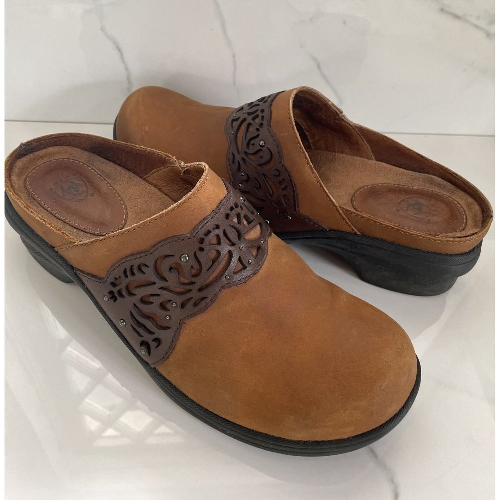 Womens Ariat Clogs Brown Tan Leather Mules Slip On Size 8 - Picture 6 of 12